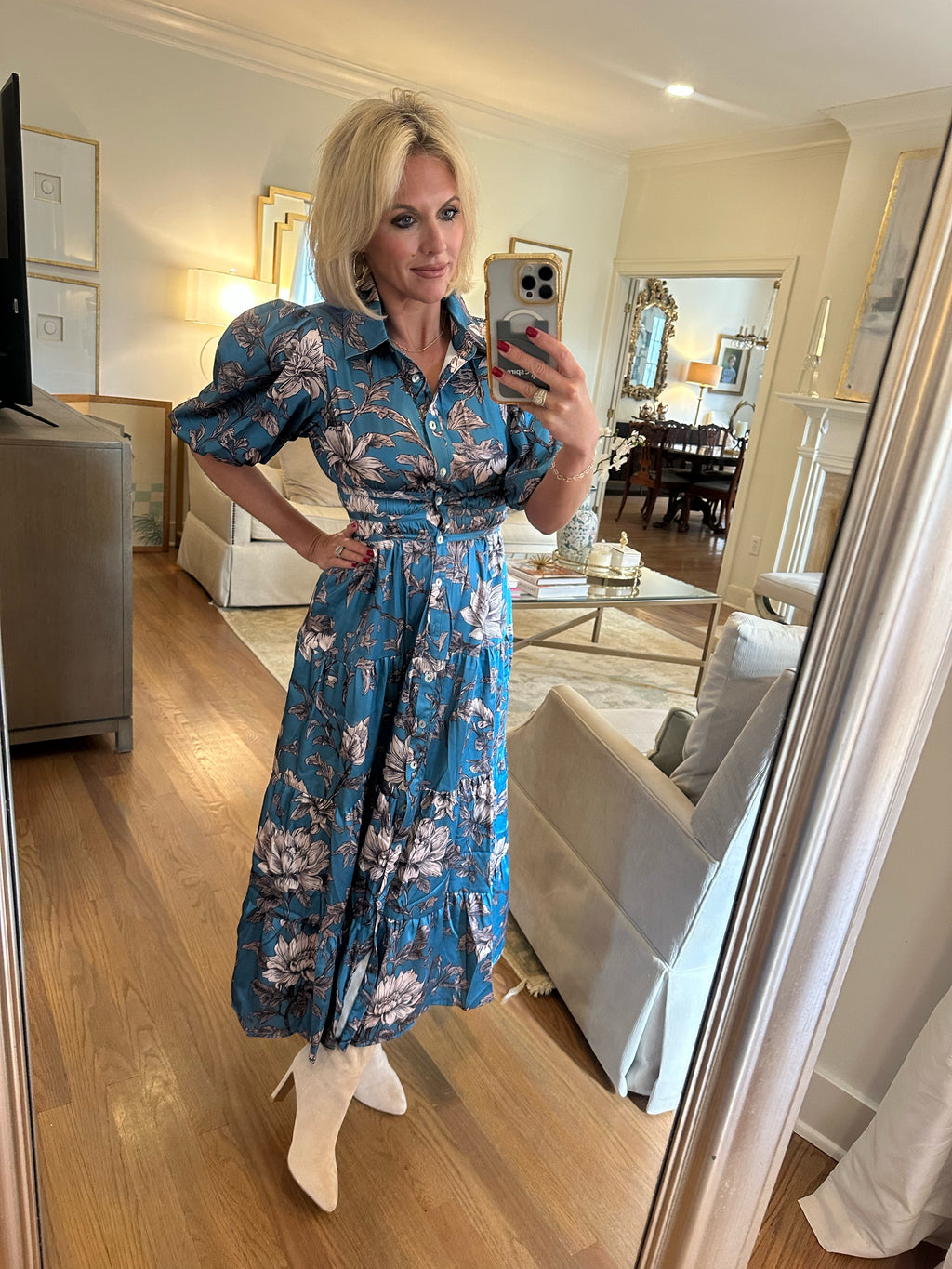 Blue Floral Print Midi Dress