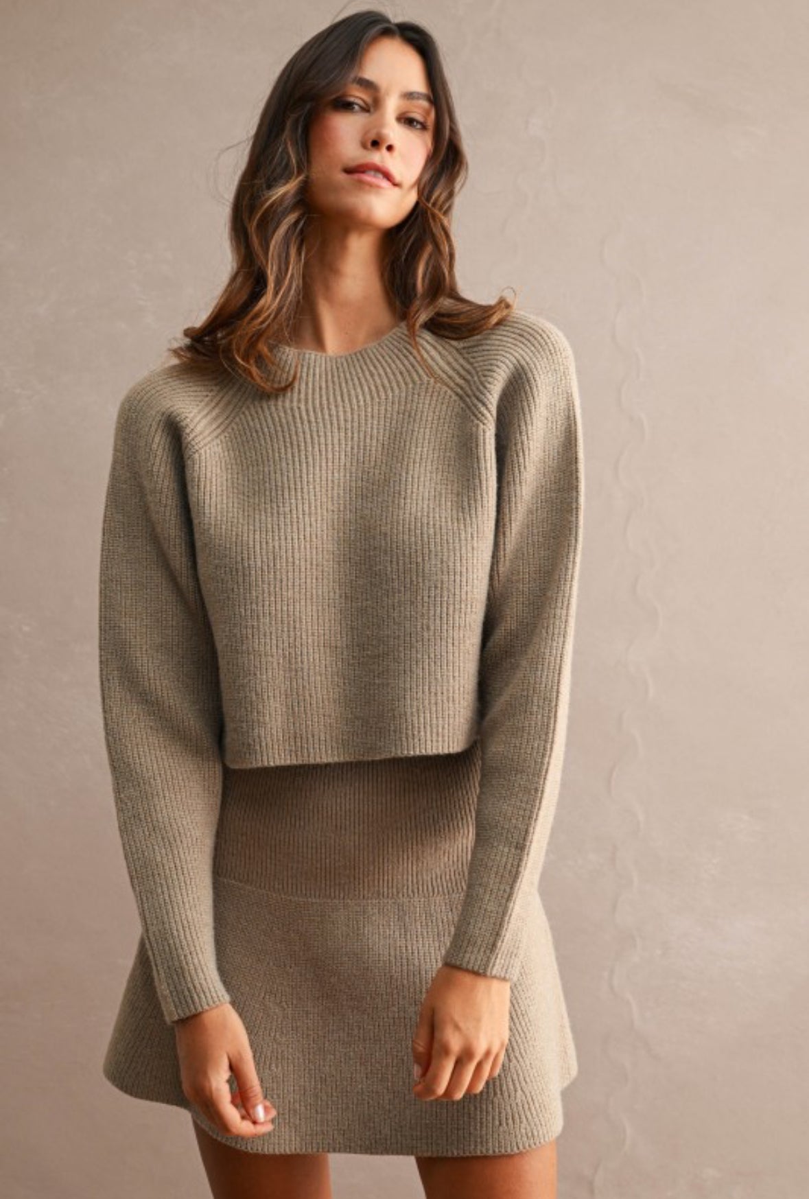 Light Mocha Sweater Set with Flare Skirt