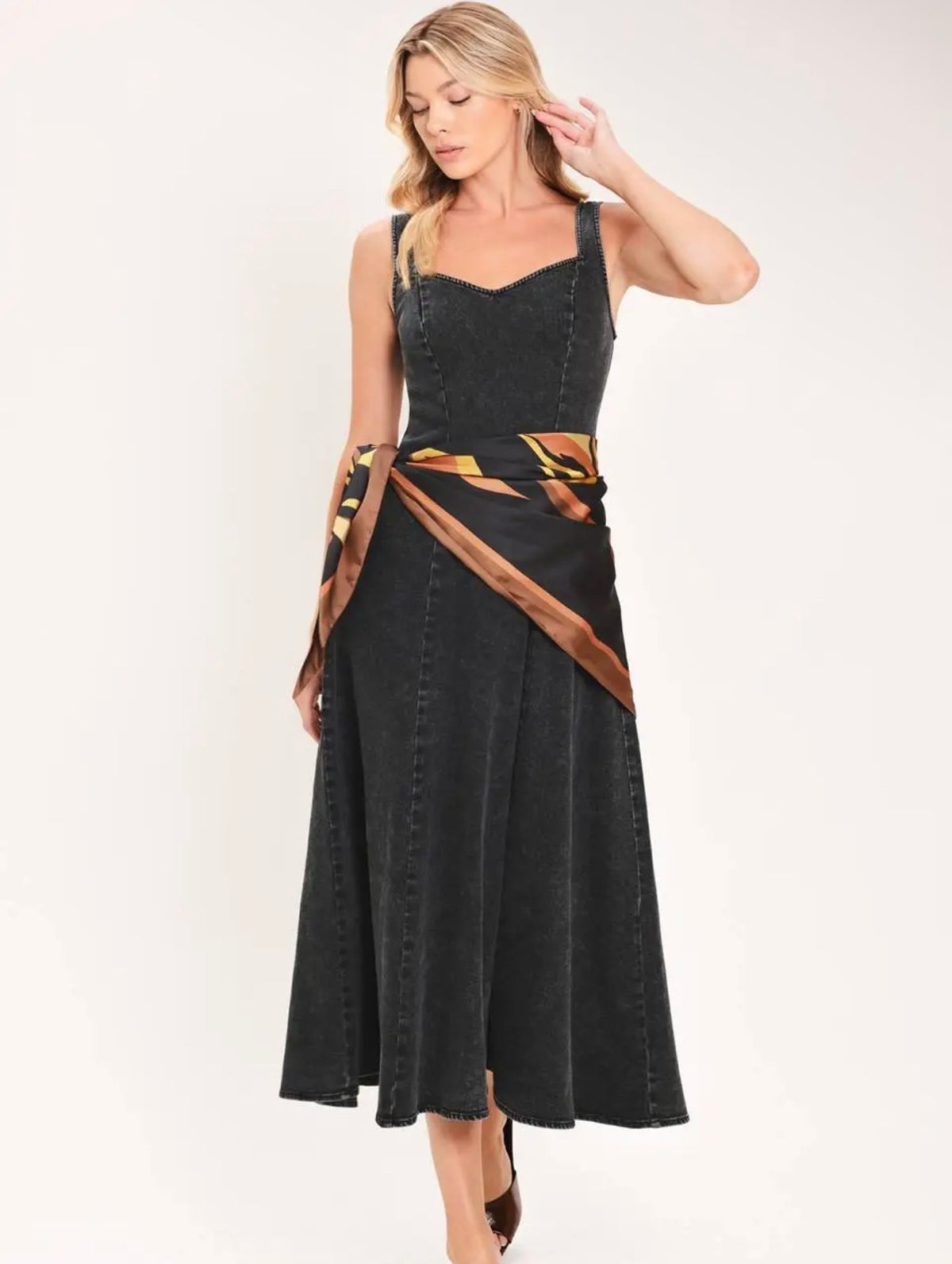 Washed Black Denim Midi with Scarf