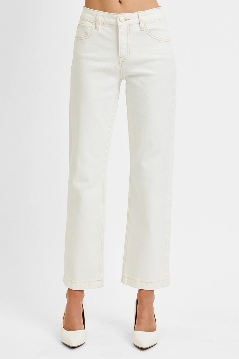Cream Tummy Control Mid Rise Ankle Straight Jeans