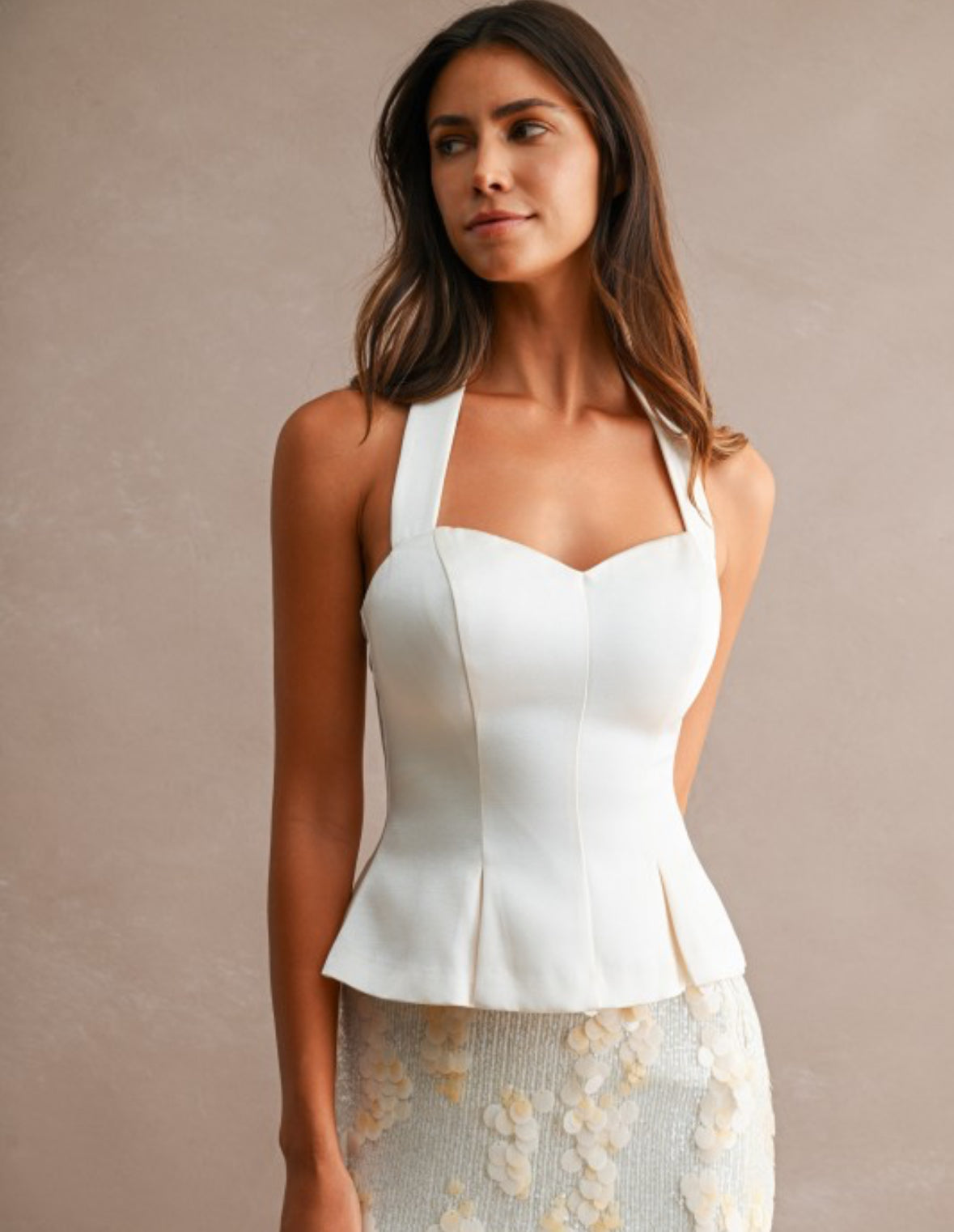 Ecru Halter Neck Peplum Top