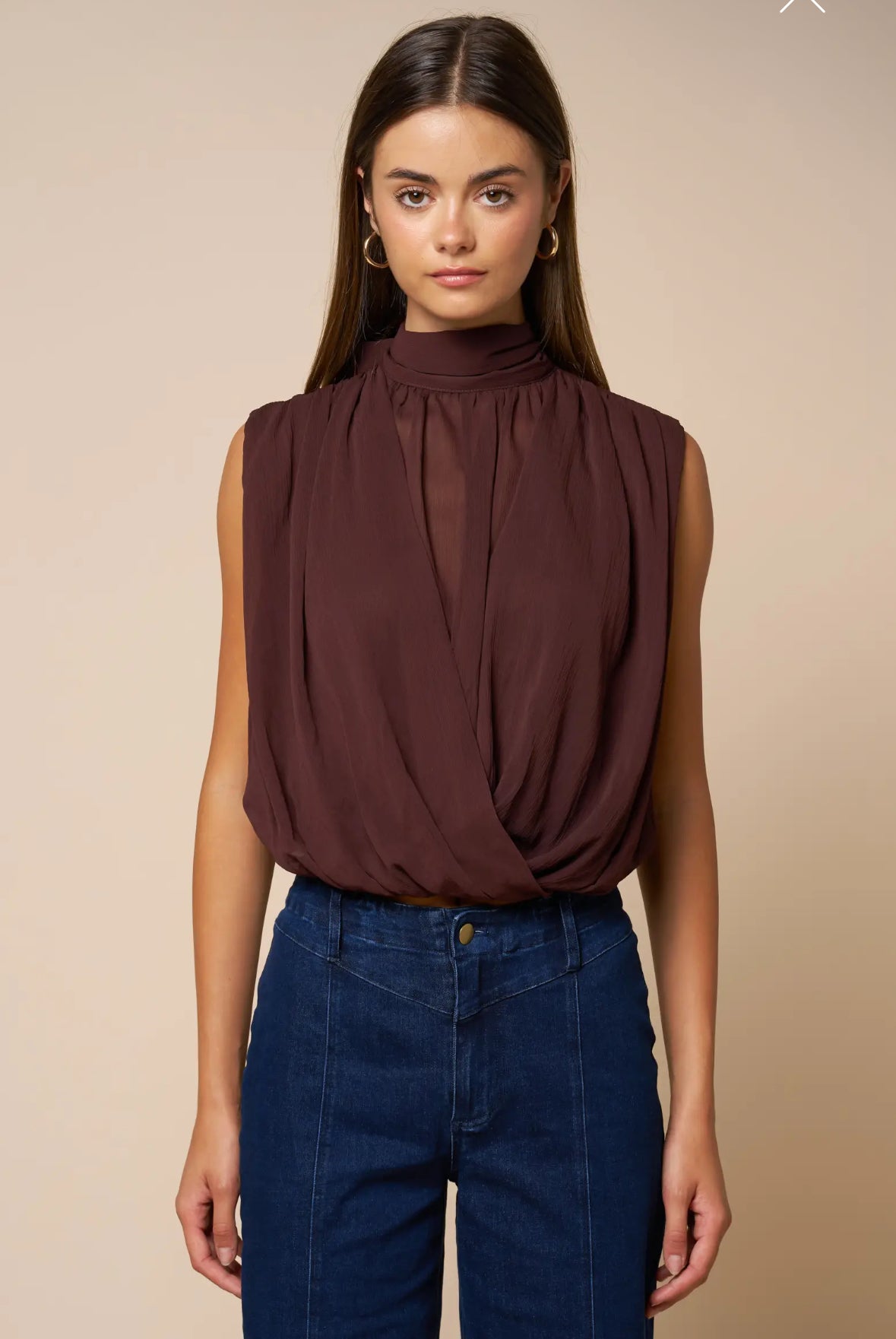 Brown Draped Chiffon Mockneck Top