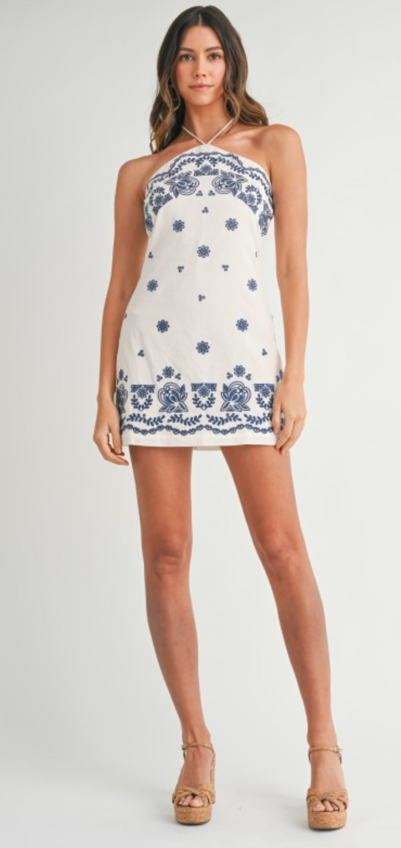 Blue/White Embroidered Halter Dress