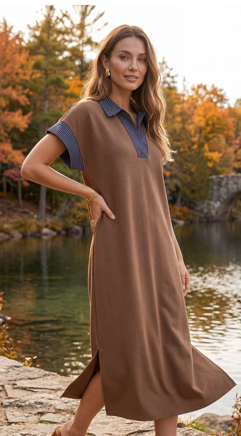 Brown Midi with Navy Striped Collar