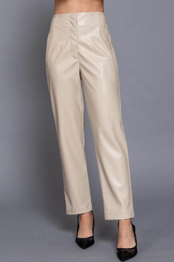 Ecru High Waist Slim Fit Faux Leather Pants