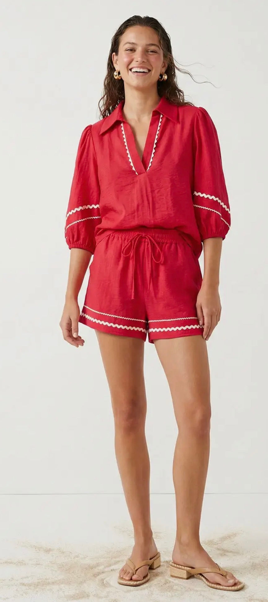 Red linen short set