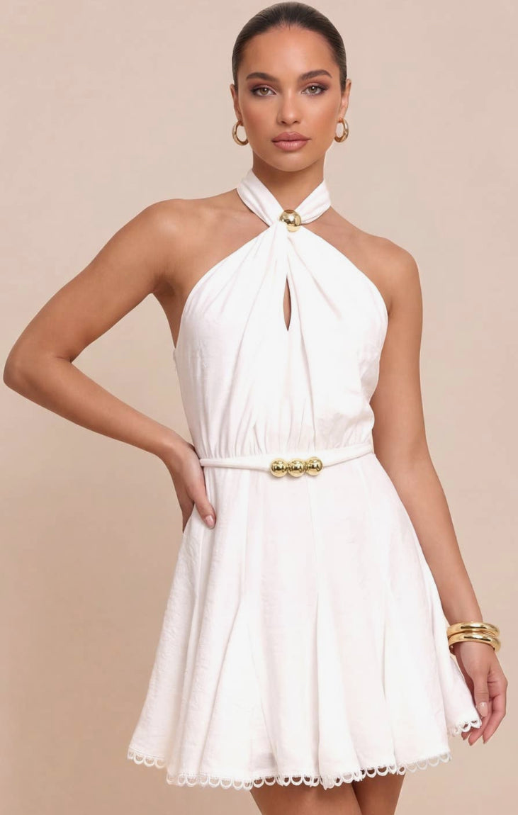 White Halter Belted Dress
