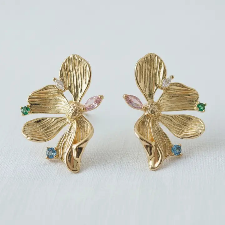 Gold Floral Gemstone Stud Earrings