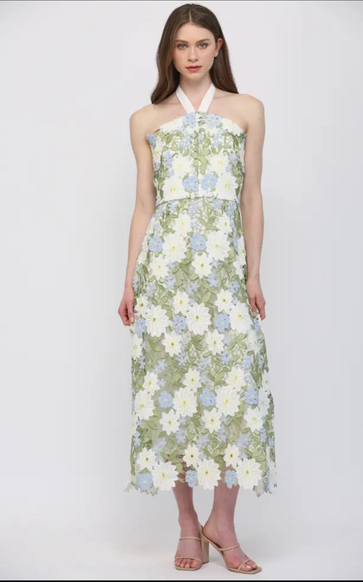 Floral Lace Overlay Halter Midi Dress