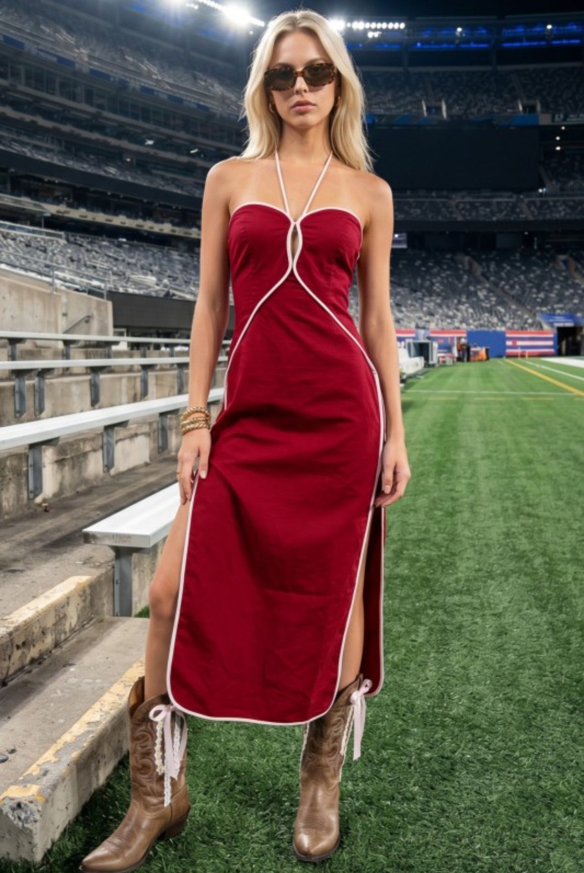 Maroon/White Halter Dress