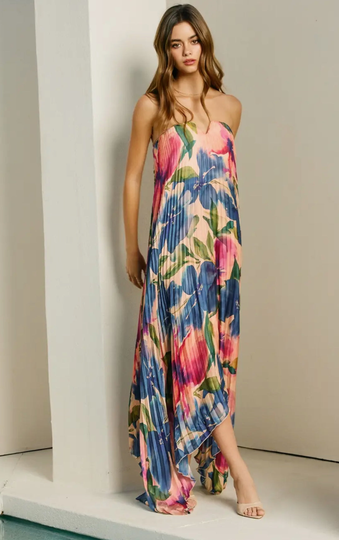 Floral Pleated Strapless Dress