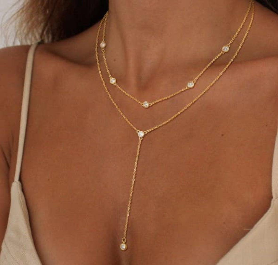 Rhinestone Layered Lariat Necklace
