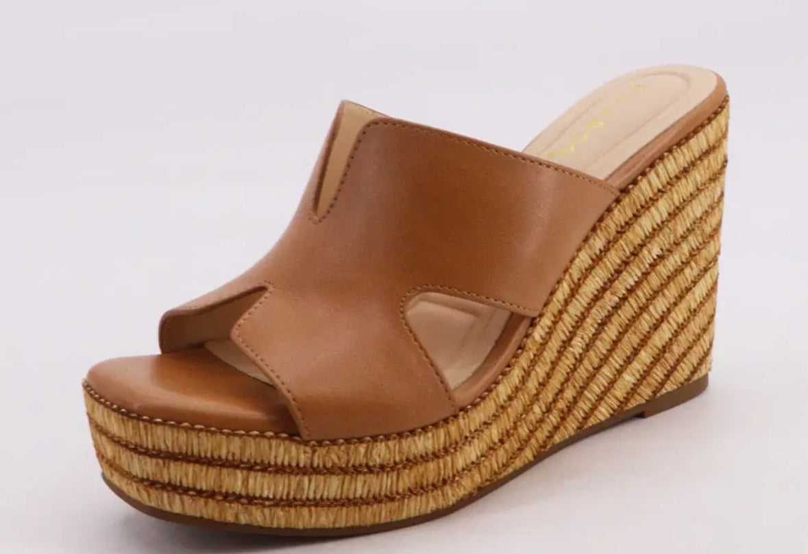 Tan Raffia Braided Wedge Heel Slide