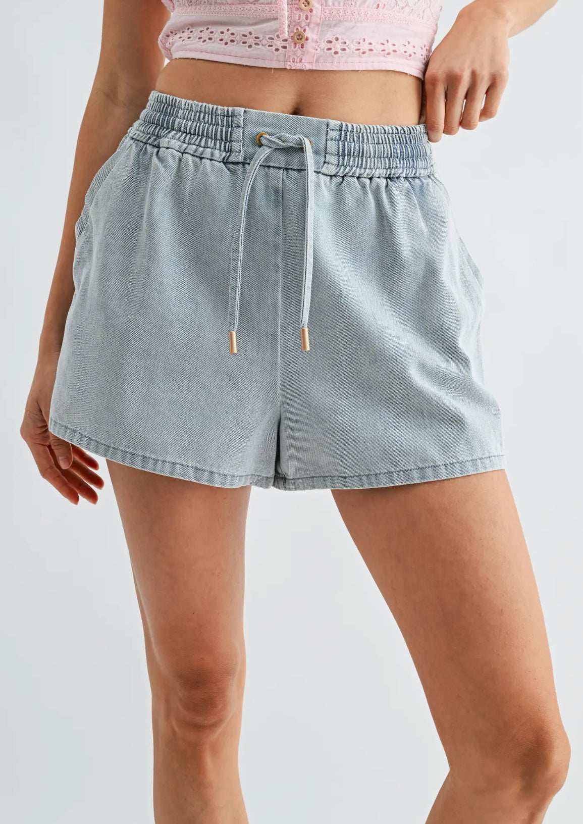 Light Wash Drawstring Denim Shorts