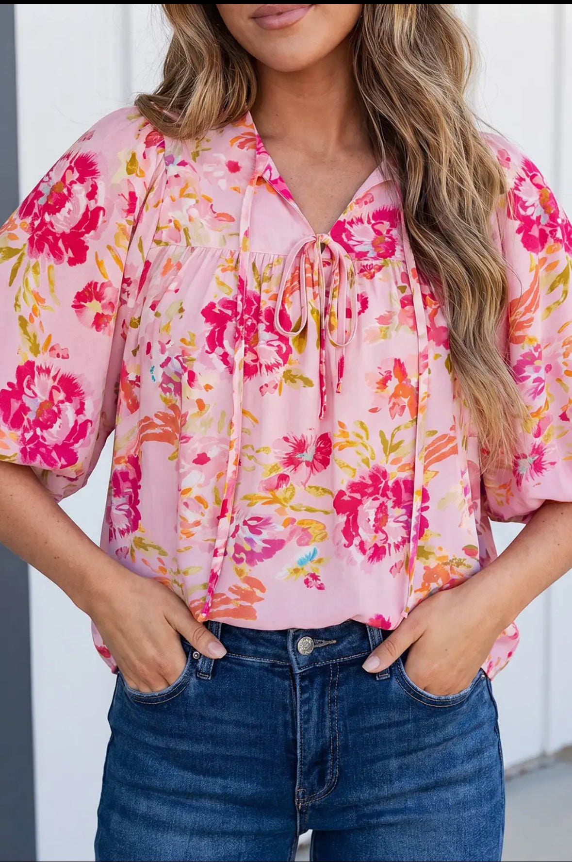 Pink Floral Tie Blouse