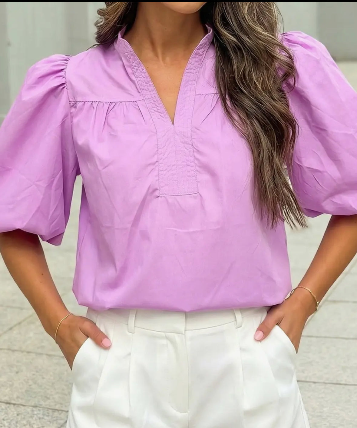 Soft Lavendar Puff Sleeve V-Neck Top