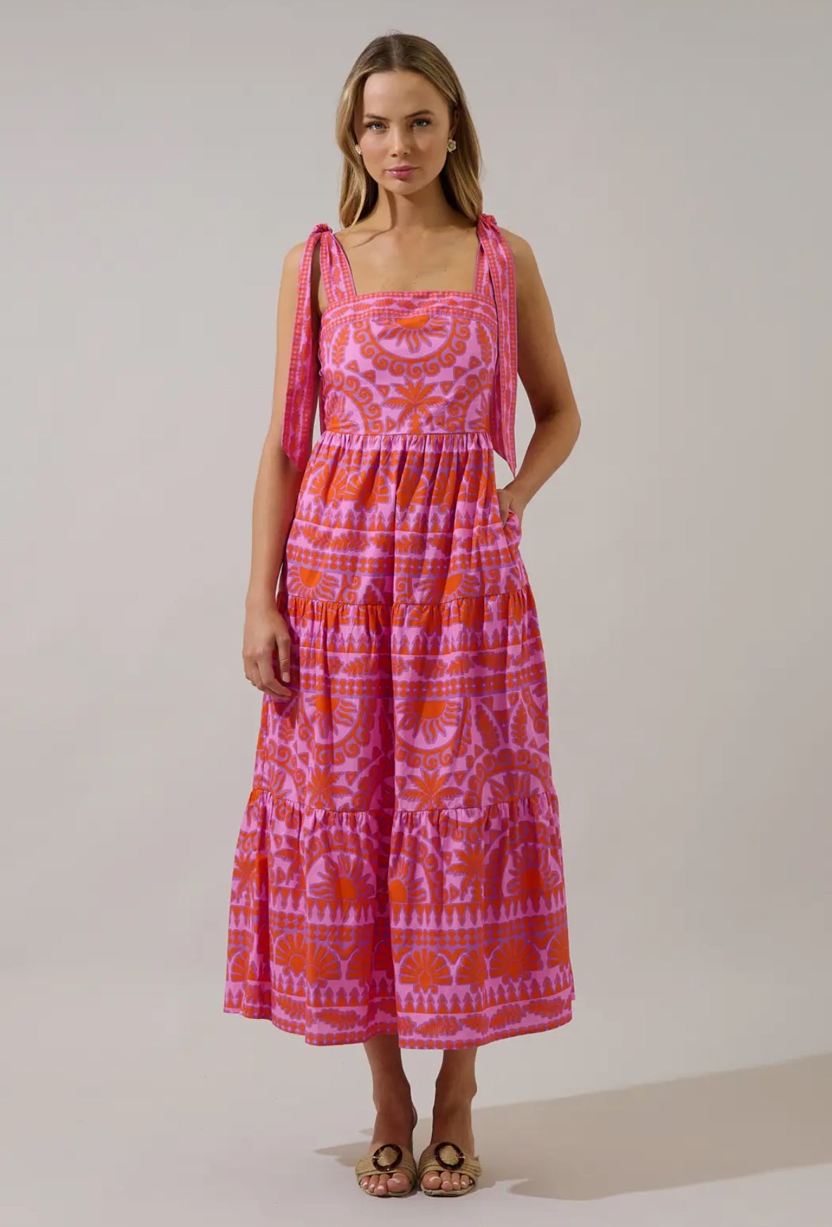 Pink Tropical Tiered Maxi Dress