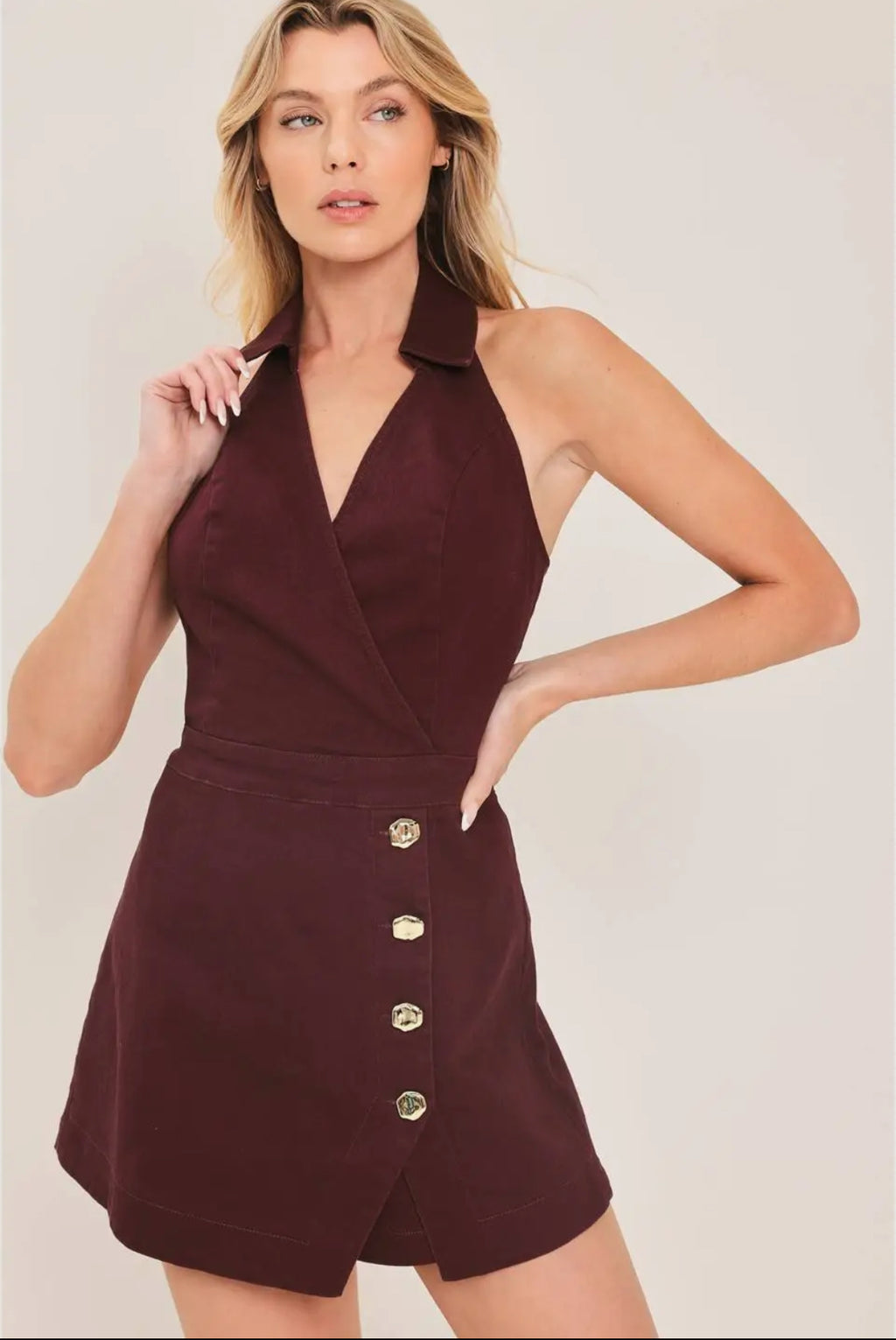 Maroon Halter Denim Romper