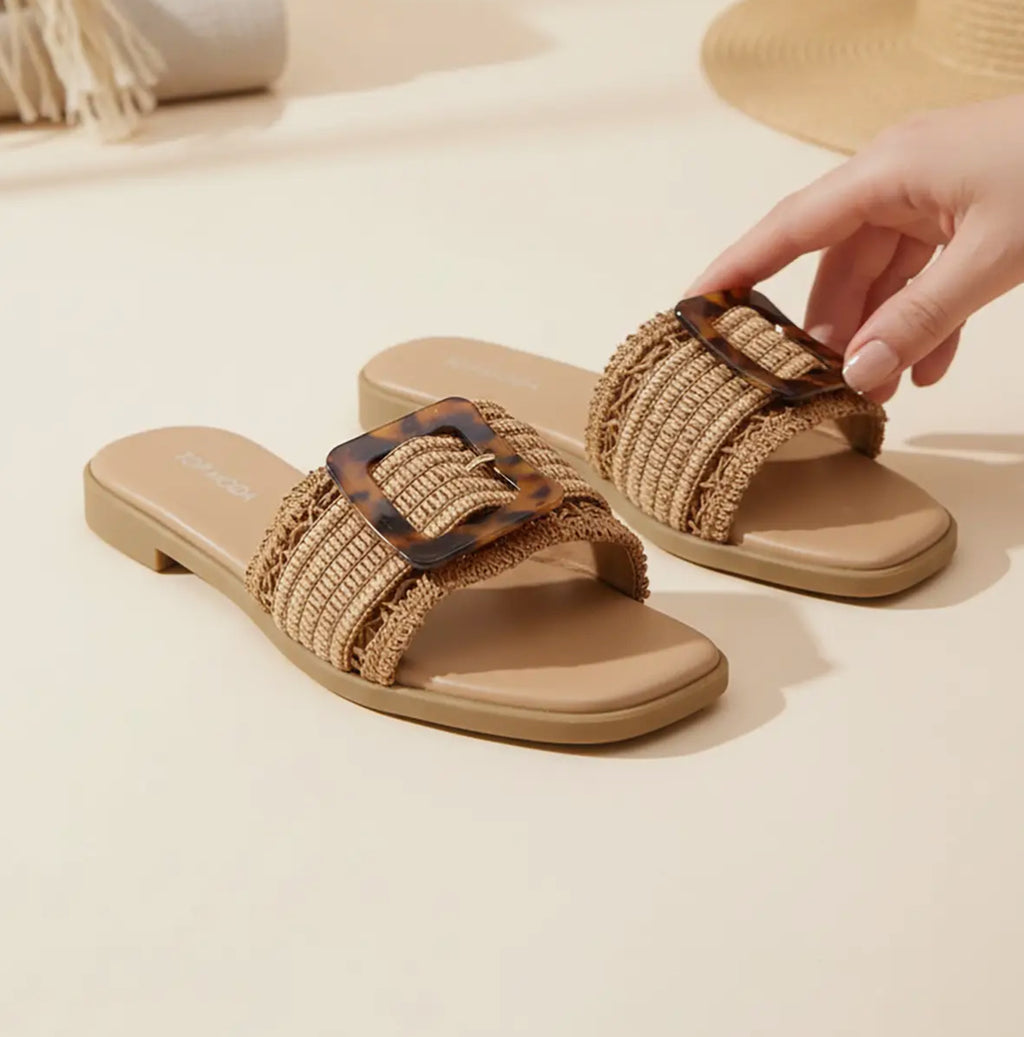 Raffia Tortoise Buckle Slides