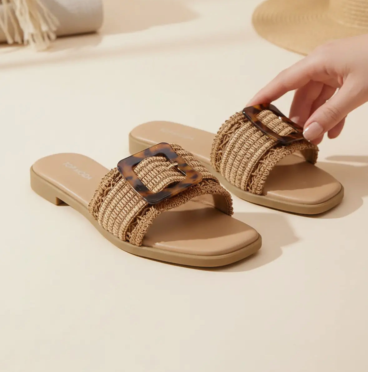Raffia Tortoise Buckle Slides