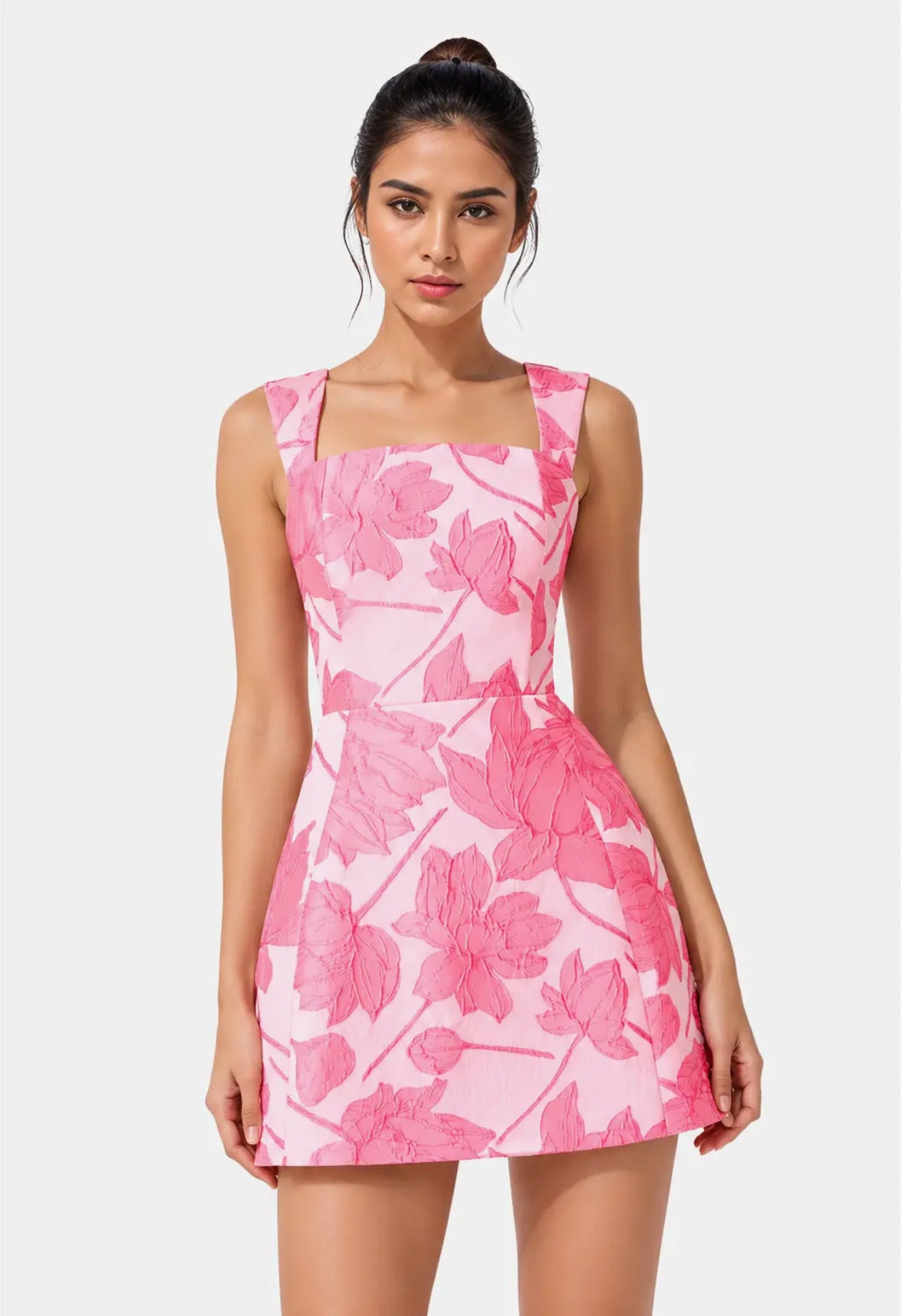 Pink Floral Jacquard Square Neck Mini Dress
