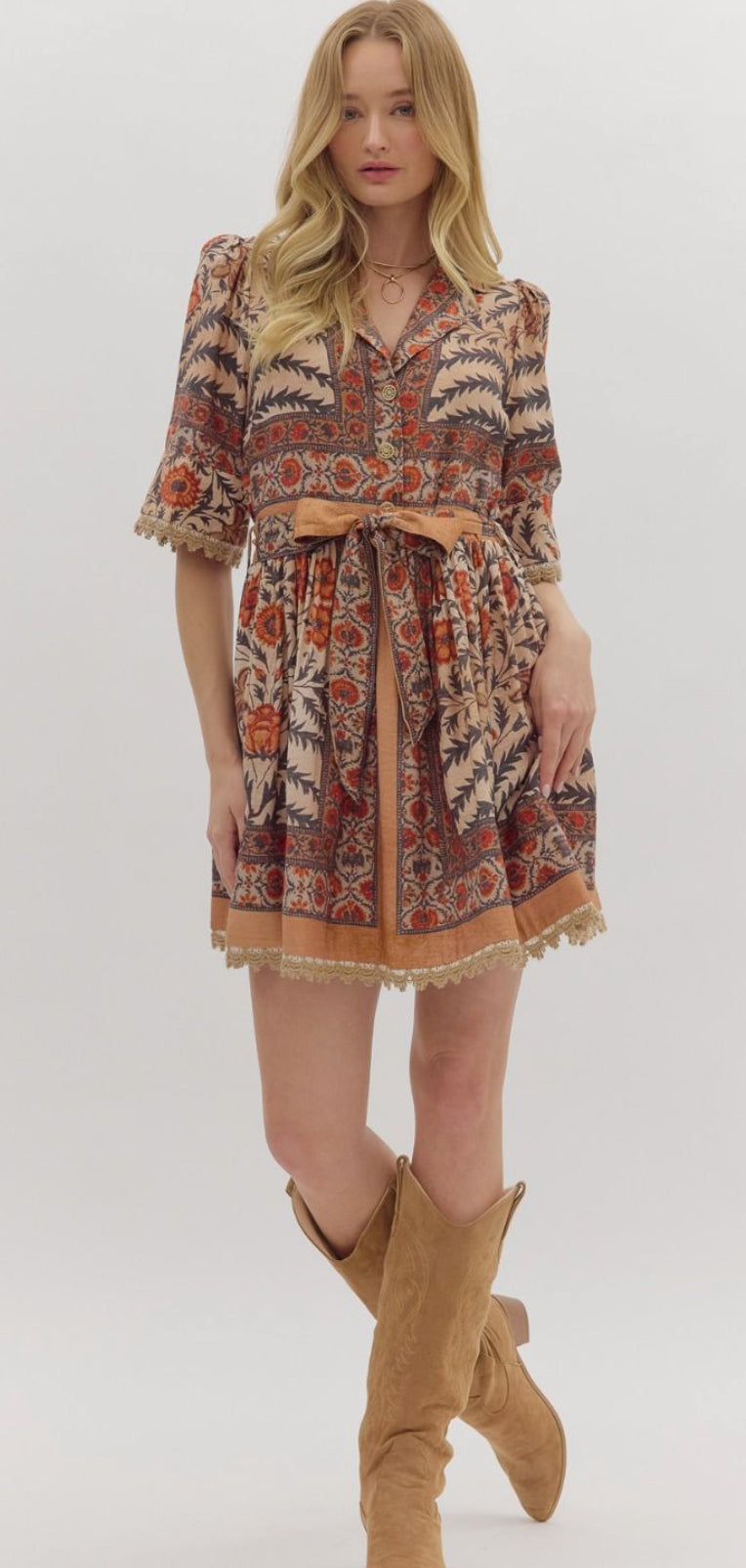 Patterned Belted Dress