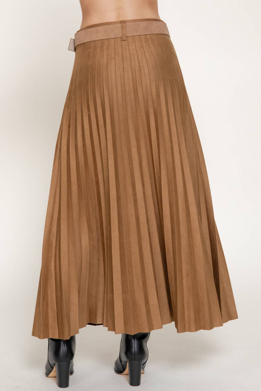 Caramel Belted Faux Suede Pleated Long Skirt