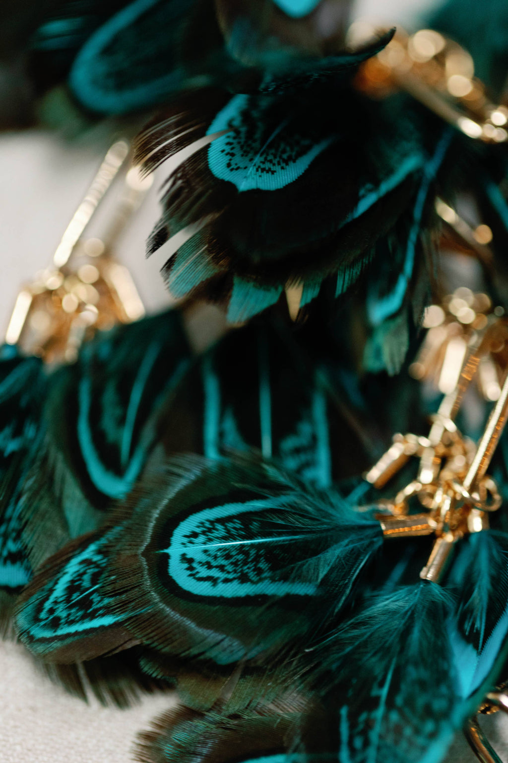 Emerald Peacock Feather Fall Statement Tassel Earrings