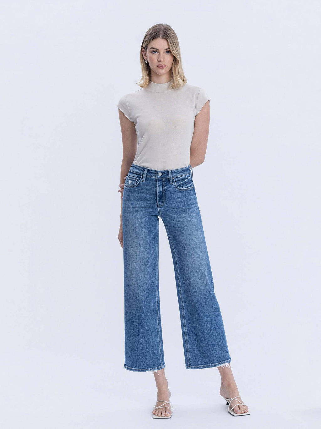 HIGH RISE MEDIUM WASH ANKLE WIDE JEANS