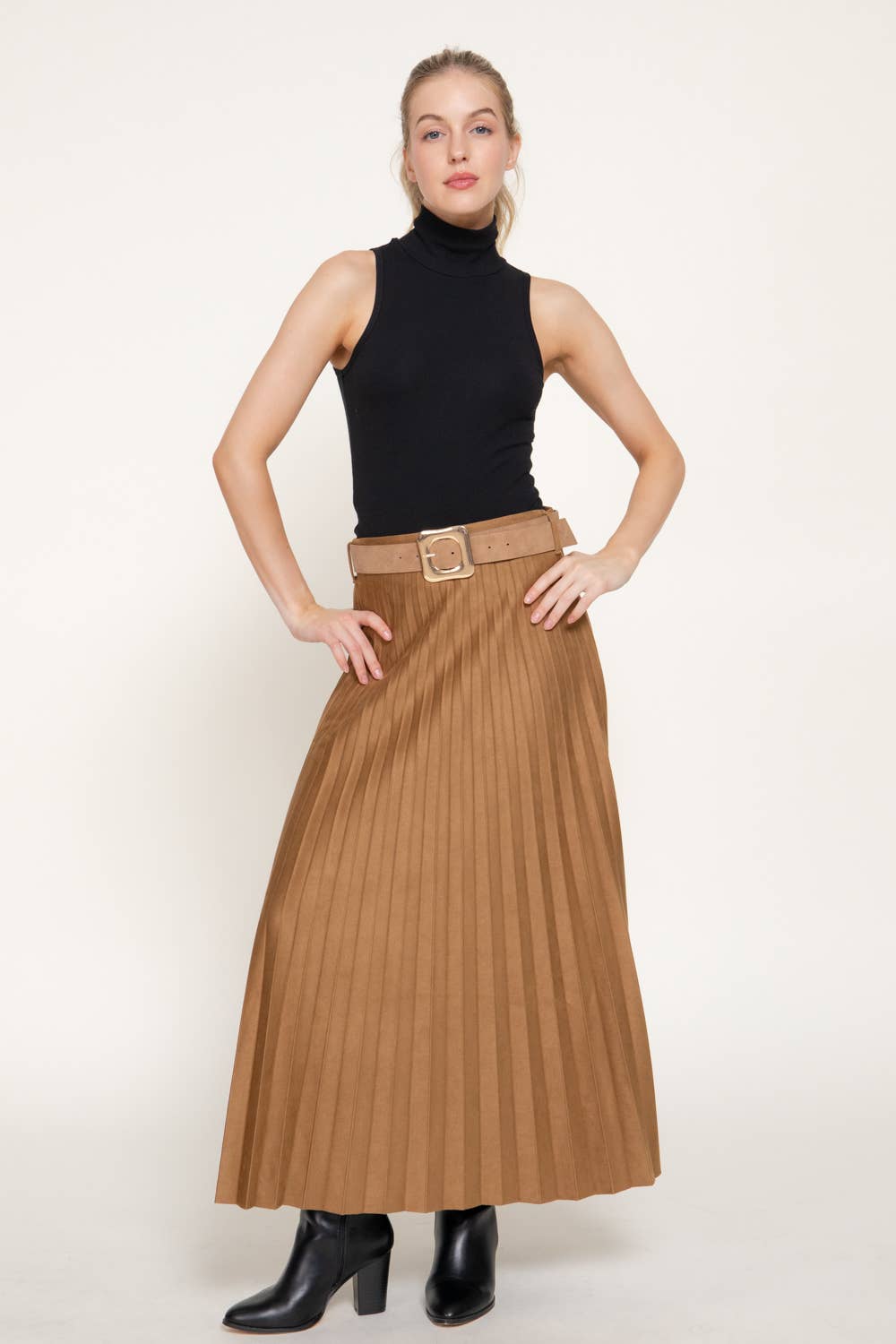 Caramel Belted Faux Suede Pleated Long Skirt