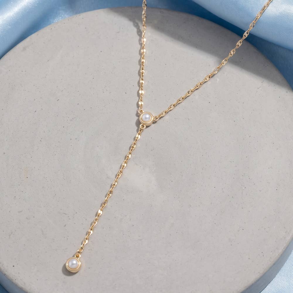 Mirror Chain Pearl Bezel Drop Y Necklace