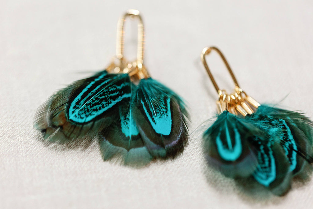 Emerald Peacock Feather Fall Statement Tassel Earrings