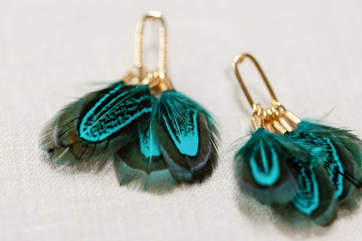 Emerald Peacock Feather Fall Statement Tassel Earrings