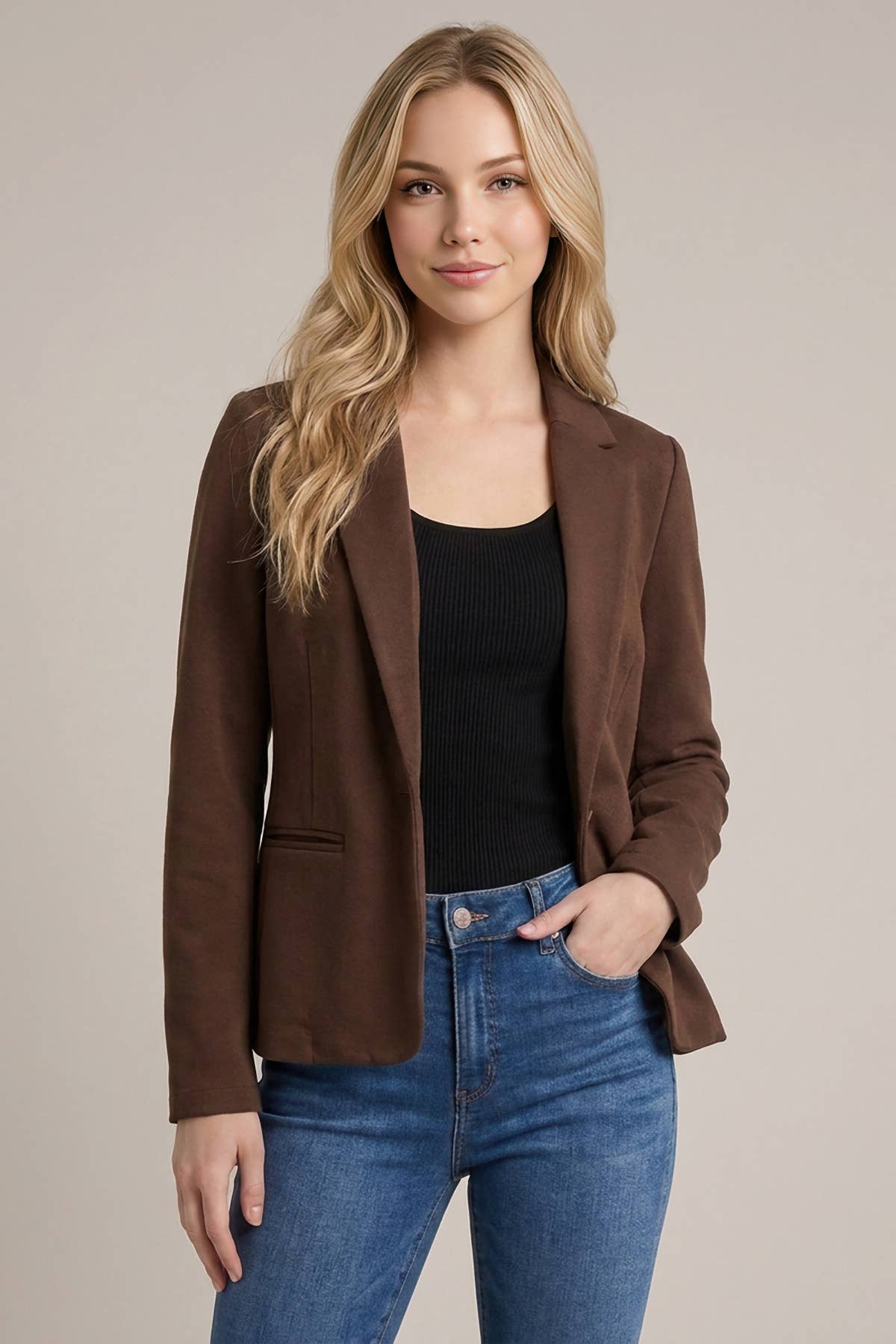 Brown Classic Single-Button Tailored Blazer